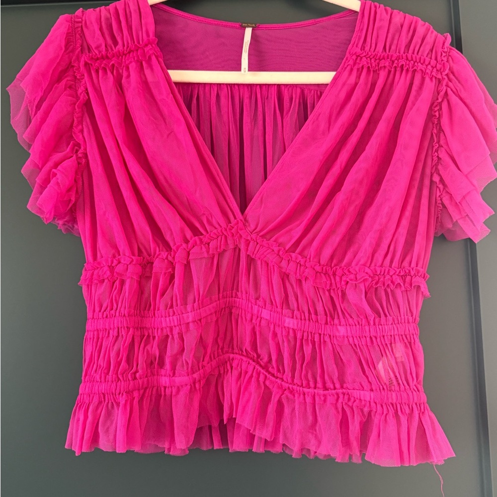 Free People Vibrant Pink Ruffled Crop Top